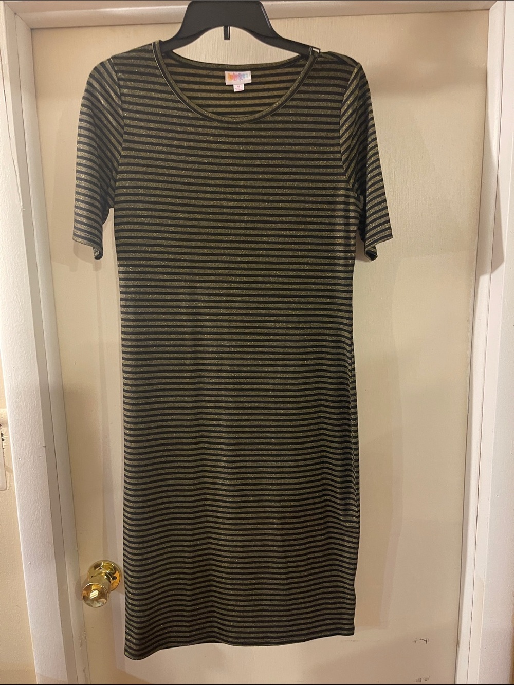 LuLaRoe Gold and Black Striped Short-Sleeve Midi Dress